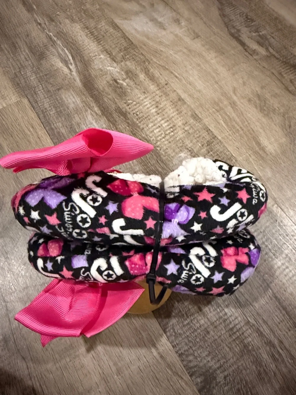 Pink Bow Plush Baby Slipper with Heart & Star Print no size- Jojo Siwa